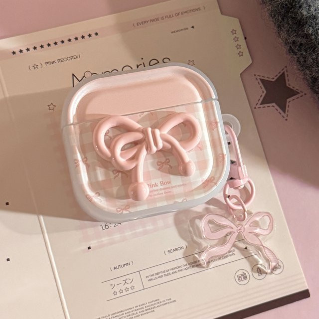 Süße 3D-Kopfhörerhülle mit rosa Schleife für Apple AirPods 1, 2, 3, 4 und Pro 2 inklusive Schlüsselanhänger in Pink - Bild 1