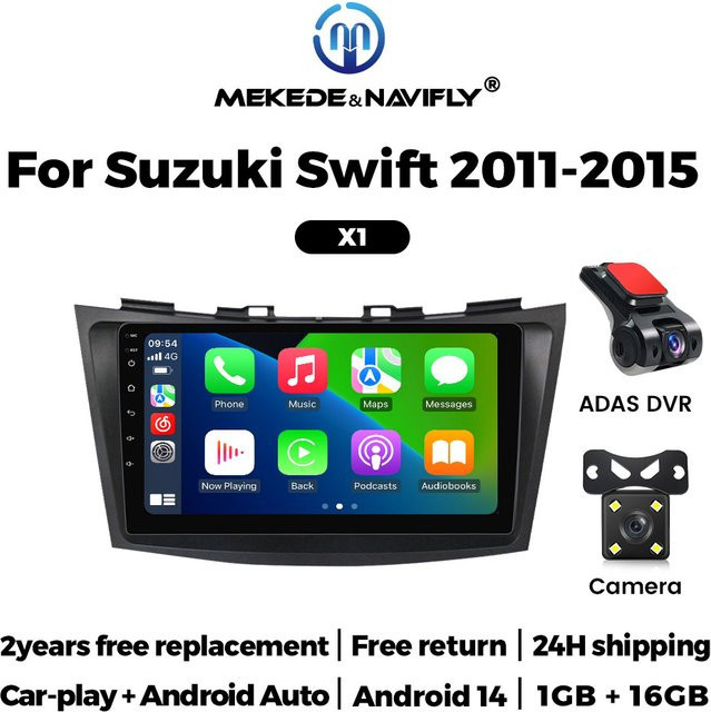 NaviTree Android 14 Auto Radio für Suzuki Swift 2011-2015 mit 9 Zoll Display, CarPlay, Bluetooth, WiFi und Rückfahrkamera, Schwarz - Bild 1