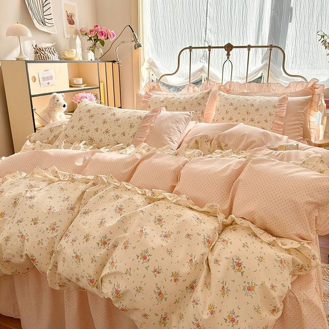 3-teiliges Bettwäscheset aus 100% Baumwolle von Bin Chi Textiles mit floraler Spitze in Pink, B/H: 150 x 200 cm - Bild 1