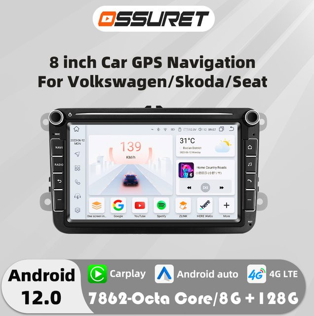 OSSURET 8 Zoll Android Auto Multimedia Radio Stereo für VW Golf 5 Polo Passat B6 CC Touran Scirocco Caddy Jetta sowie Skoda und Seat, Schwarz - Bild 1