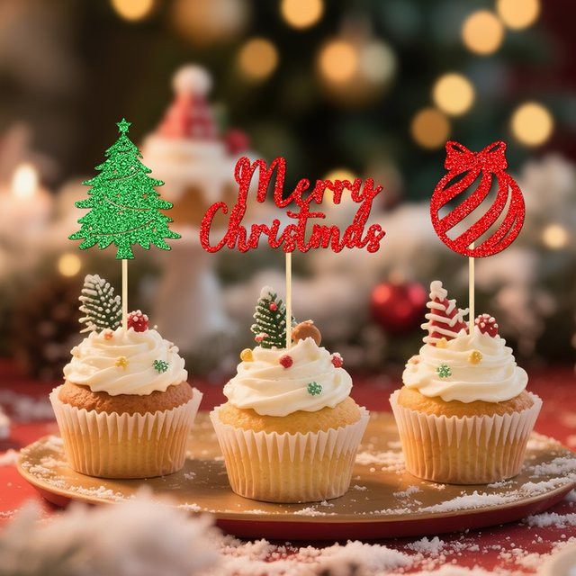 YOMDID 24 Stück Weihnachtskuchen-Dekorationen, glitzernde Cupcake-Topper für Weihnachten in Grün, Rot und Multicolour - Bild 1