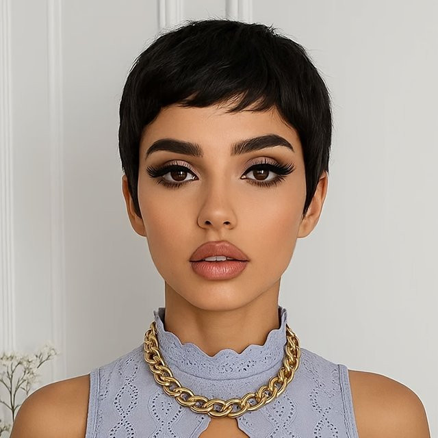 OYM HAIR Pixie-Perücke, schwarz, 100 % Echthaar, Damen - Bild 1
