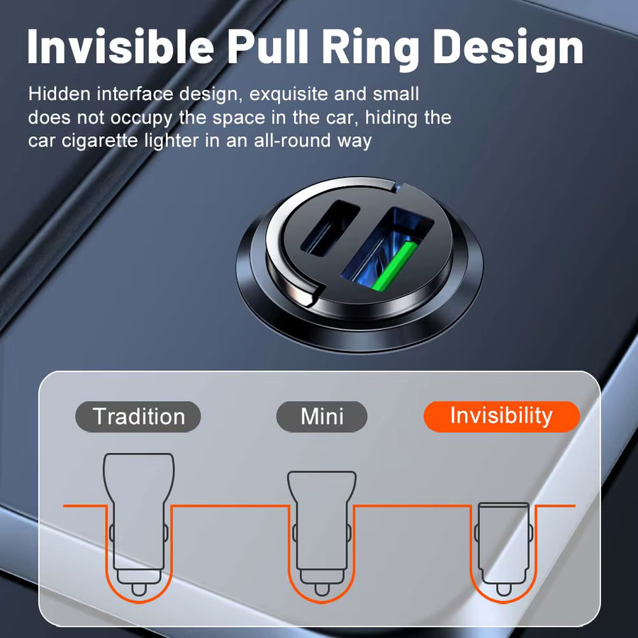 GUSEYEE Mini 100W PD QC Schnellladegerät für das Auto mit USB-C und Pull Ring, Schwarz - Bild 1
