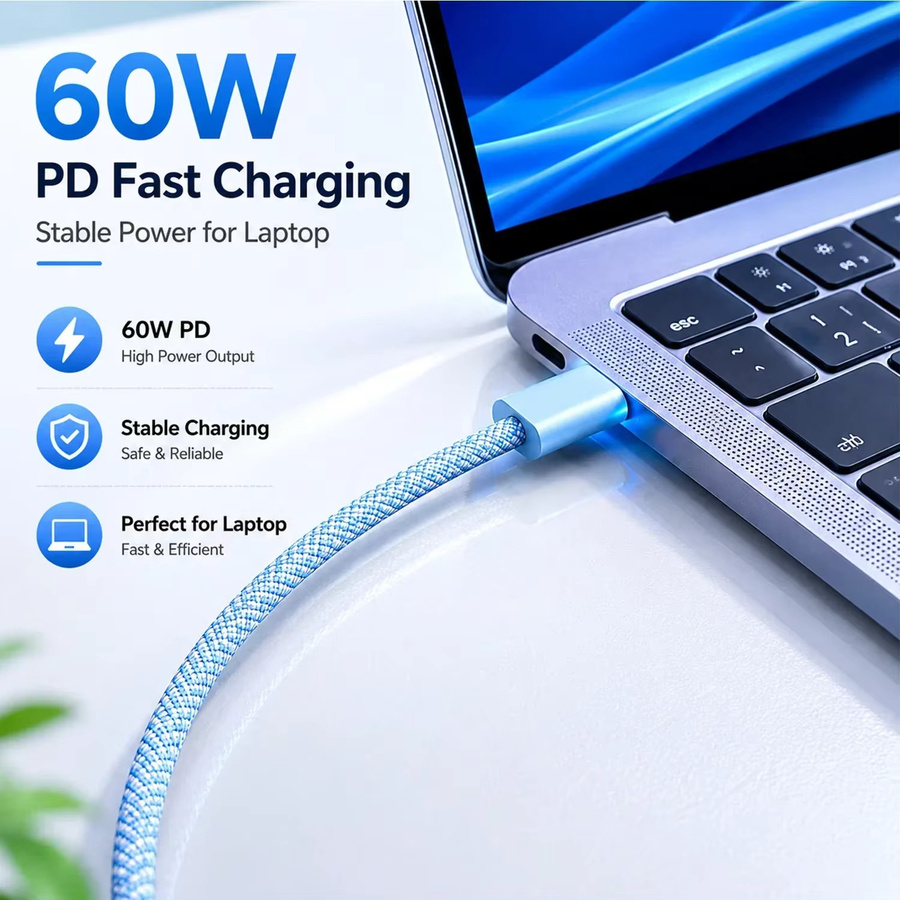 Parallel World USB-C zu USB-C PD Schnellladekabel 60W, geflochtenes Ladekabel in Weiß und Blau für iPhone 15 16, iPad, MacBook Air und Samsung - Bild 3