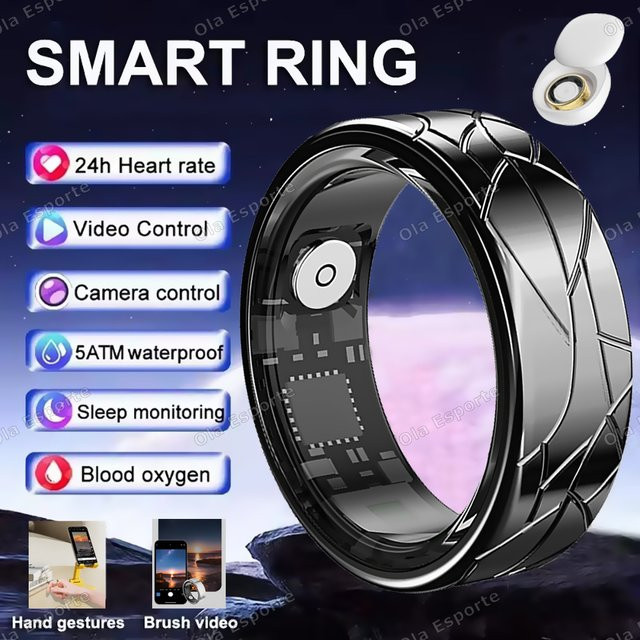Ola Esporte Smart Ring 2026 mit Gesundheits- und Schlaf-Tracker, Herzfrequenz- und Blutsauerstoff-Monitor, Videoaufnahme, 5ATM Wasserdicht, Unisex, Schwarz - Bild 1