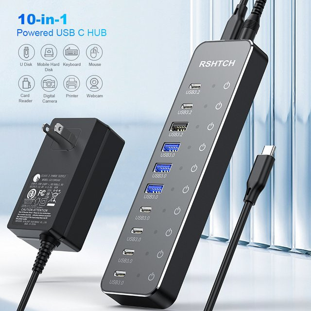 RSHTECH 10-in-1 USB-C Hub mit Touch-Schaltern, 10 Gbit/s Multiport-Dockingstation für MacBook, Laptop und PC, Grau - Bild 1