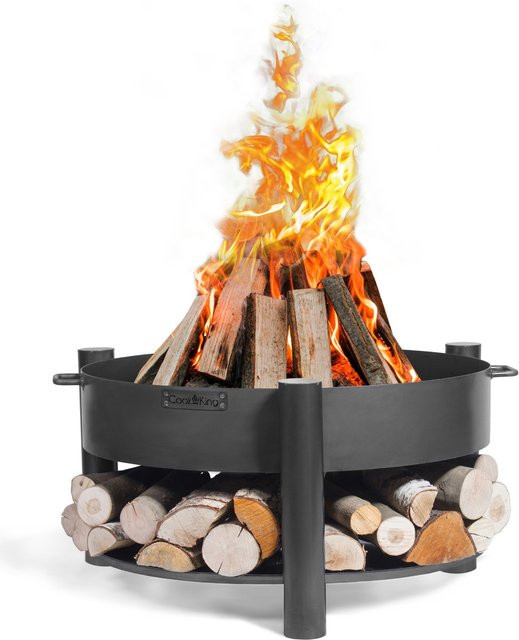 CookKing Feuerschale Montana 60 aus Stahl mit Holzlager und Warmhalterost, schwarz, B/T/H: 68 x 68 x 45 cm - Bild 1