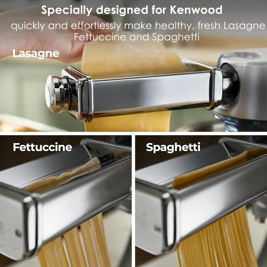 Kenwood Nudelzubehör Set aus SUS304 Edelstahl in Silber mit Lasagne-Nudelwalze, Fettuccine-Schneider und Spaghetti-Schneider inklusive Adapter - Bild 3