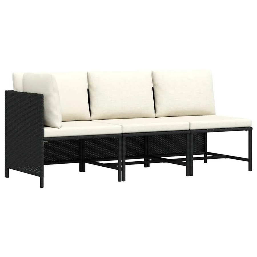 vidaXL 3-tlg. Garten-Sofagarnitur in L-Form aus Poly-Rattan und Stahl mit Auflagen in Schwarz und Cremeweiß - Bild 2