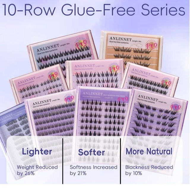 Anlinnet Falsche Wimpern, 10 Reihen, selbstklebend, natürlich, Unisex - Bild 1