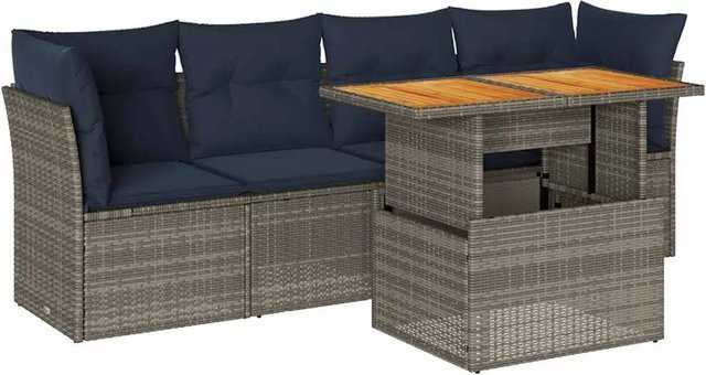 vidaXL 5-teilige Garten-Sofagarnitur aus Poly-Rattan und Akazienholz in Grau mit Kissen - Bild 1