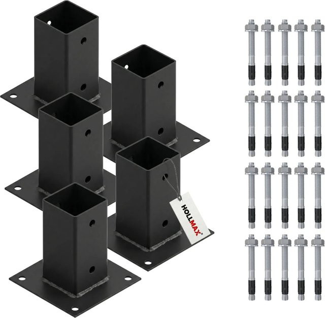 HOLLMAX Pfostenträger Set mit Schwerlastankern für Vierkantpfosten, 5 Stück, Aufschraubhülse 71 mm, Schwarz matt pulverbeschichtet - Bild 1