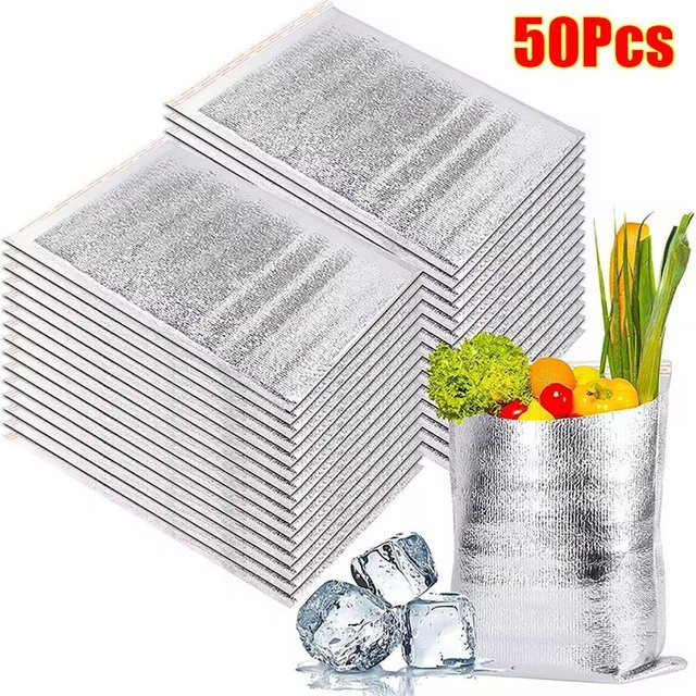 50er Paket Thermische Aluminium Folie Taschen mit Verschluss zur Isolierung von Lebensmitteln und Getränken in Silber - Bild 1