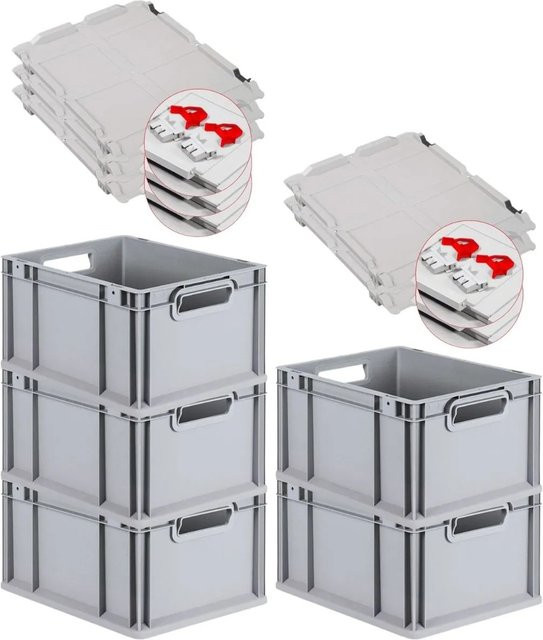 PROREGAL SuperSparSet 5x Eurobox NextGen Grip mit Scharnierdeckel und roten Schiebeschnappverschlüssen, Grau, H x B x T: 22 x 30 x 40 cm - Bild 1