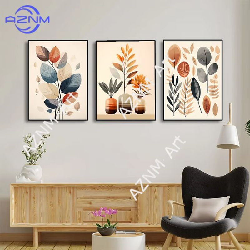 Potdemiel Retro Leinwandbild mit Blättern und Vase in abstrakter Floral-Optik, mehrfarbig, Wandkunst für dein Wohnzimmer - Bild 1