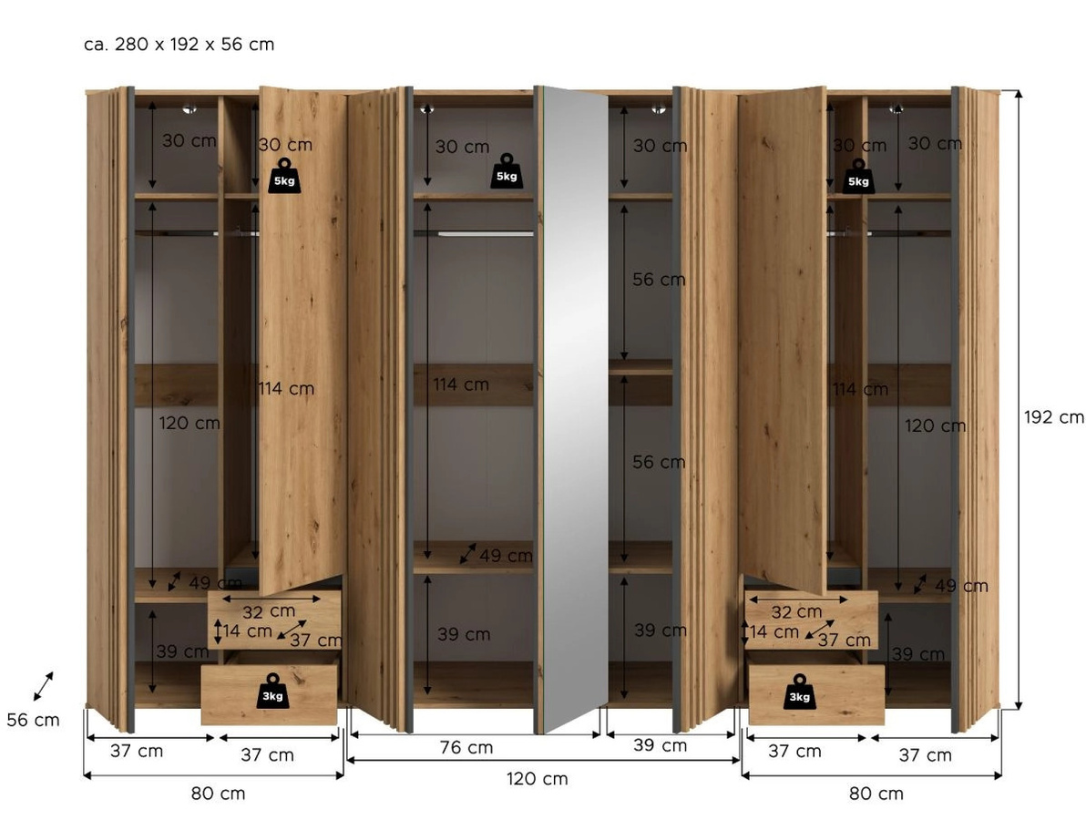 Kleiderschrank Björke mit Spiegel und integrierten Schubladen in Artisan Eiche, B/H: 280 x 192 cm - Bild 5