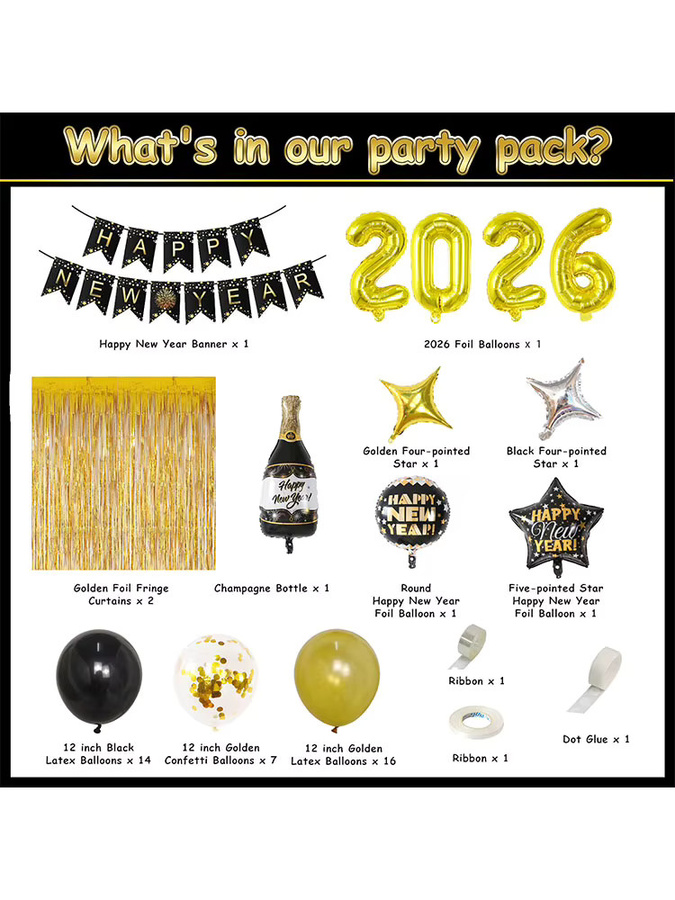 YAYB Silvester Dekoration Set Gold mit Zahlenballons, Weinglas und Sternen aus Folie für deine Silvesterfeier - Bild 3