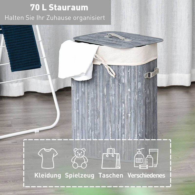 HOMCOM Wäschekorb aus Bambus und Stoff in Grau mit 2 Tragegriffen, B/H/L: 30 x 60 x 40 cm - Bild 4