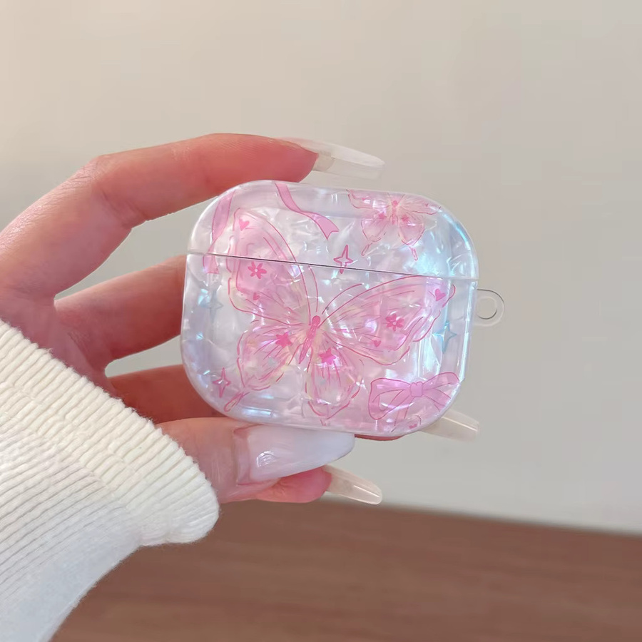 Glänzende AirPods Schutzhülle mit Wasserwellen-Design und Schmetterling in Rosa-Blau Farbverlauf für Apple AirPods 2 3 4 Pro Pro 2 und Pro 3 - Bild 2