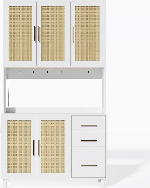 Küchenanrichte TG Electrical DE in Weiß mit Rattanfinish, goldenen Metallgriffen und integrierter LED-Beleuchtung, B/T/H: 100 x 40 x 183 cm - Bild 1