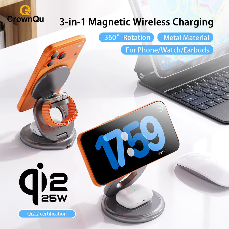 CrownQu Tragbares 25W Metall Wireless Ladegerät Qi 2.2 Schnelle Ladestation mit 360 Grad drehbarer Halterung und Ständer in Silber für iPhone, Apple Watch und AirPods - Bild 3