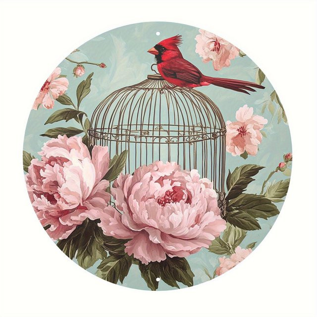 Potdemiel 2D-Metall-Wanddekoration im Vintage-Stil mit rotem Kardinalvogel und rosa Pfingstrosen, rund, Durchmesser: 20 cm - Bild 1