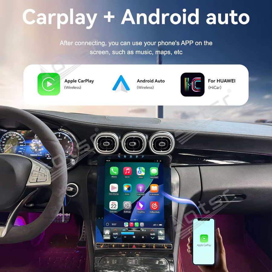 Aotsr Android 15 Auto Radio mit 12,1 Zoll vertikalem Bildschirm für Mercedes-Benz C GLC W205 NTG5.0/5,5/6,0 (2015-2022) mit Carplay LCD Instrument in Schwarz - Bild 4