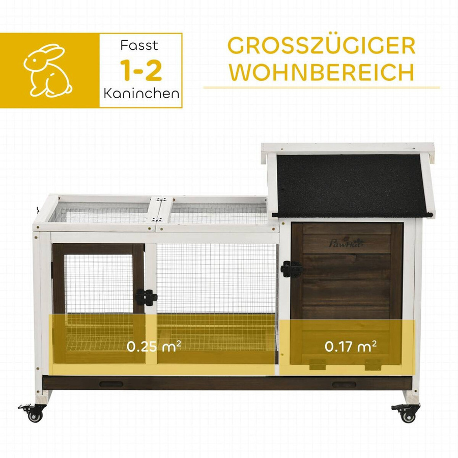 PawHut Zwergkaninchenstall aus Holz mit Freilaufgehege und Rädern in Kaffee, B/T/H: 108 x 58 x 73,5 cm - Bild 3