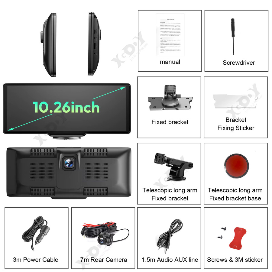 ESSGOO 10,26 Zoll Dashcam mit 1080P Full HD, kabelloses Apple CarPlay und Android Auto, Dual-Objektiv Videorekorder mit WIFI und Bluetooth, Schwarz - Bild 6