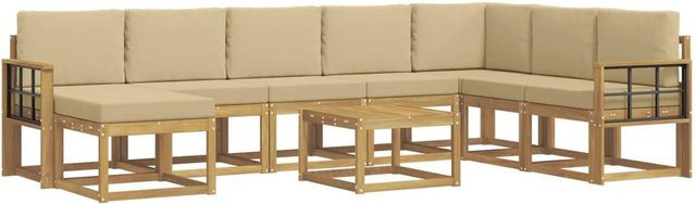 vidaXL Outdoor-Sofagarnitur 9-tlg. aus Akazienholz in L-Form mit Kissen und Couchtisch, Weiß und Beige - Bild 1