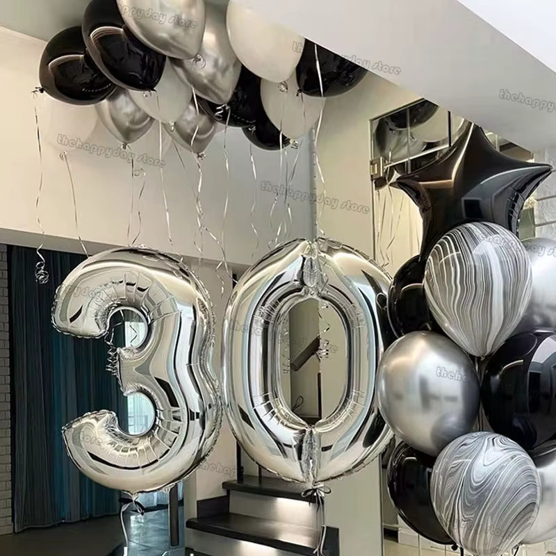 MicroPlush Zahlen-Folienballons Set für Geburtstag und Hochzeit in Silber, Schwarz und Weiß, 13 Stück - Bild 2