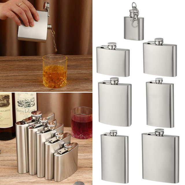 Tragbare Flachflasche aus Edelstahl in Silber für Schnaps, Wein oder Whisky - Bild 1