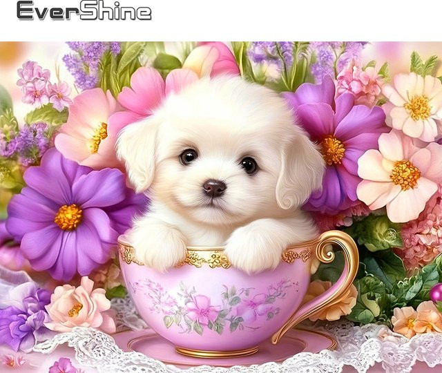 EverShine Diamant-Mosaik Stickerei Hund mit Gänseblümchen als 5D Strass-Malerei in Mehrfarbig - Bild 1