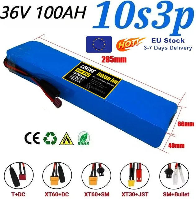 Wiederaufladbarer 36 V 100 Ah Lithium-Akku für Elektroroller mit BMS und XT60 JST Anschlüssen, Blau - Bild 1