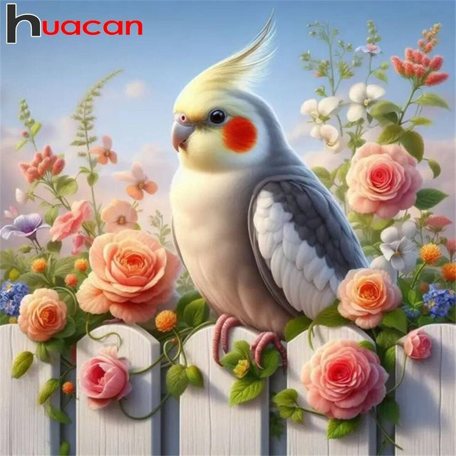 Huacan Diamant-Gemälde rund mit Vogel, Tier und Blume als Wandkunst, Durchmesser: 20 cm - Bild 1