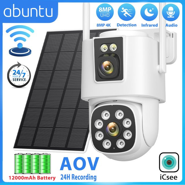 Abuntu 8MP 4K Solarkamera Outdoor mit Dual Lens und Dual Screen, Wifi Überwachungskamera mit 24 Stunden Aufnahme und Nachtsicht, Weiß - Bild 1