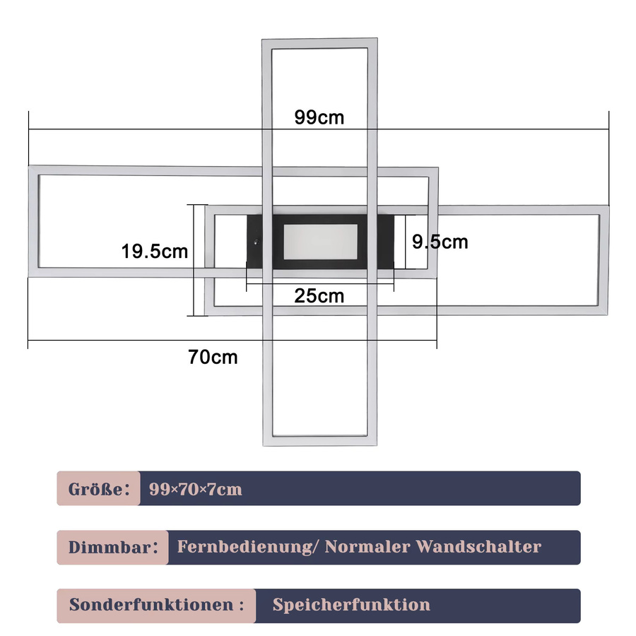 NETTLIFE Moderne LED Deckenleuchte 50W mit drei rechteckigen Rahmen, dimmbar 3000K-6500K, Fernbedienung und Memory Funktion, Augenfreundlich, Aluminium - Bild 2