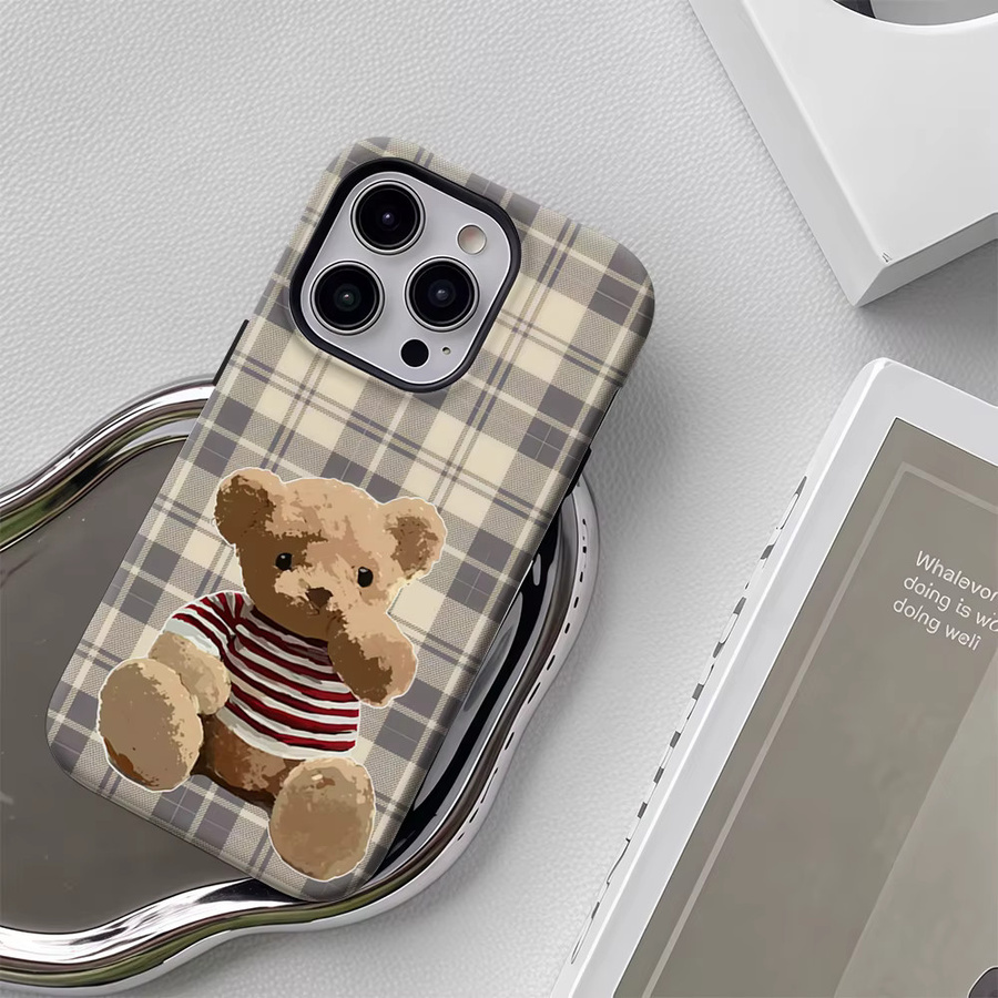 Karierte Teddybär-Handyhülle für iPhone in Multicolour mit doppellagiger Rückseite - Bild 4