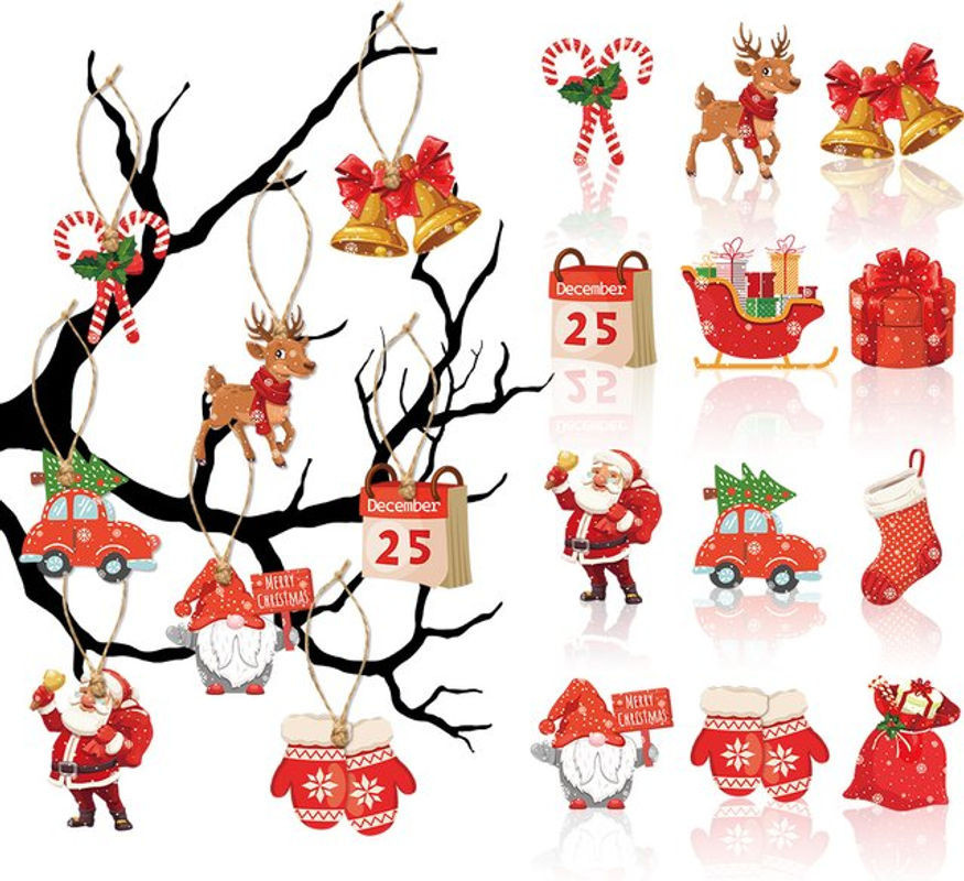 joy-enlife Weihnachtsbaum Hängeornamente aus Papier mit Weihnachtsmann und Gnome in Rot, 12 Stück - Bild 1
