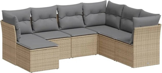 vidaXL 7-tlg Garten-Sofagarnitur in L-Form aus PE-Rattan und pulverbeschichtetem Stahl mit Kissen in Beige - Bild 1