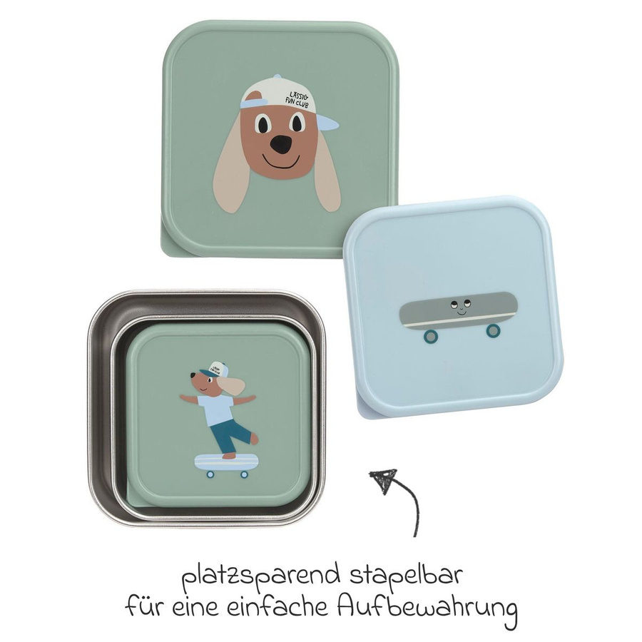 Lässig 3-tlg. Snackboxset aus Edelstahl und Kunststoff, stapelbar, Farben: Silber, Blau, Grün - Bild 2