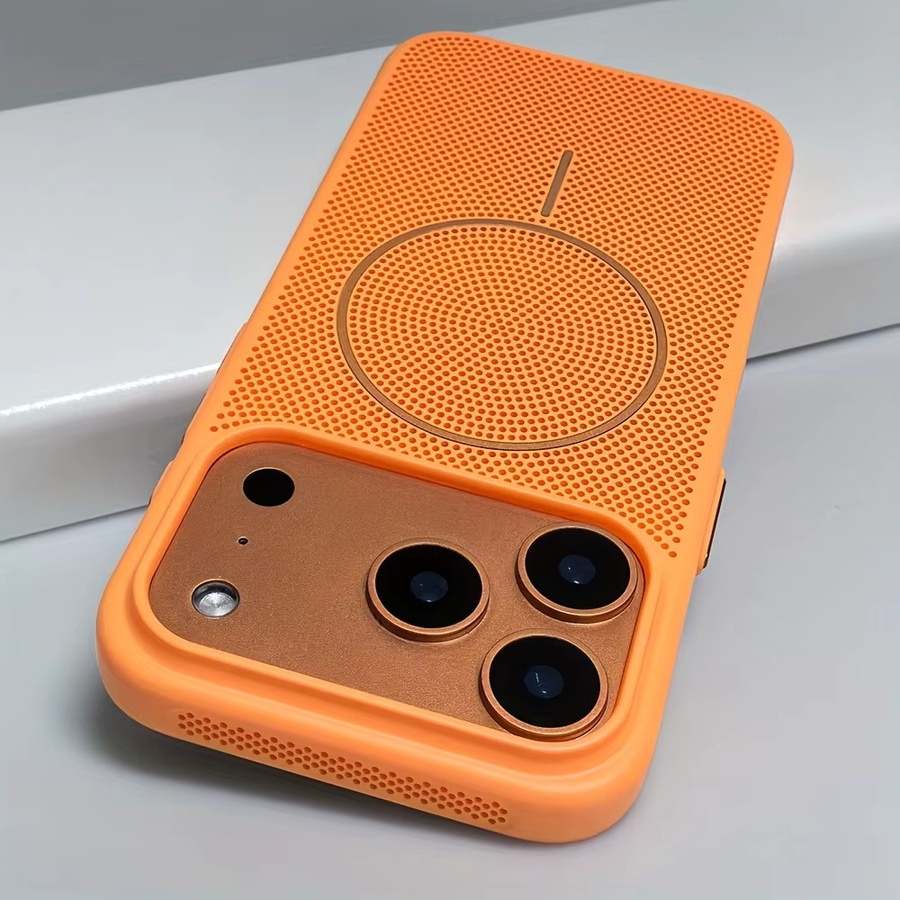 Atmungsaktive MagSafe Magnetische iPhone Schutzhülle mit Wärmeableitung für iPhone 17 16 15 14 13 12 Pro Max Plus in Schwarz und Orange - Bild 1