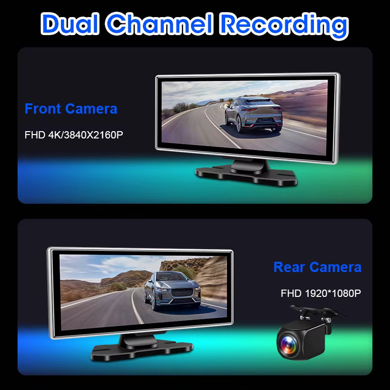 srnubi 4K Auto Dash Cam mit 11,26 Zoll Monitor, Dual Lens, Wireless CarPlay & Android Auto, GPS, 5G Wi-Fi, Schwarz - Bild 2