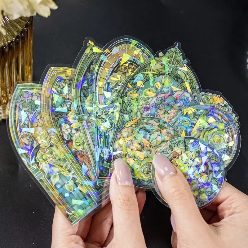 6er Set ästhetische Buntglas-Aufkleber mit Blumenmuster in Mehrfarben für dein Tagebuch - Bild 1