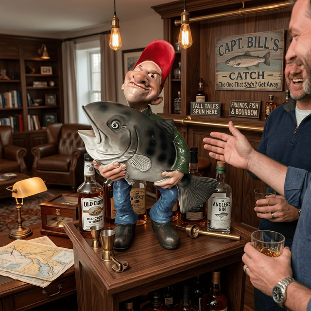 Akim Skulptur Fischerfisch mit großem Fisch, dekorative Harzstatue in Grau und Multicolour, maritime Tischdekoration für Zuhause oder Büro - Bild 1