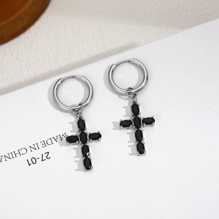 Erpels Kreuz-Ohrringe, Edelstahl, schwarzer Zirkonia, Unisex - Bild 2