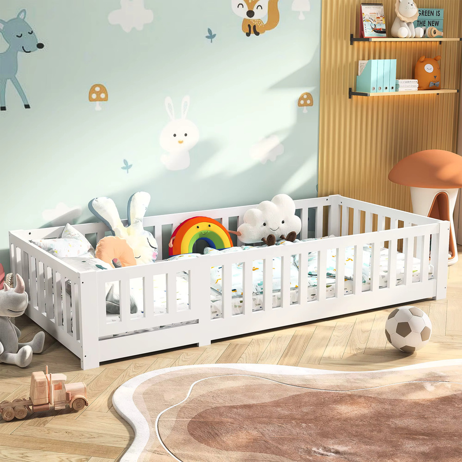 Rosahqnda Montessori-Bodenbett für Kleinkinder aus massivem Kiefernholz mit Sicherheitsgeländern, Weiß, B/T: 120 x 200 cm - Bild 2