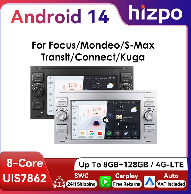 HIZPO 2Din 7 Zoll Android Auto Autoradio mit GPS Navigation und CarPlay für Ford Focus 2, Mondeo, S/C Max, Kuga, Fiesta und Fusion in Schwarz und Silber - Bild 1
