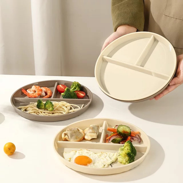 WORTHBUY Geteilter Speiseteller aus Kunststoff in Beige, runder Obstsalatteller für Kinder, mikrowellen- und spülmaschinenfest - Bild 1
