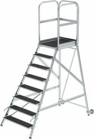MUNK Podesttreppe aus Aluminium mit 8 Stufen, einseitig begehbar, silber, mit Rollen und Griffen, B/T/H: 80 x 60 x 150 cm - Bild 1